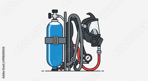 Scuba diving equipment illustration featuring tank, mask, regulator, and hose in a detailed technical drawing