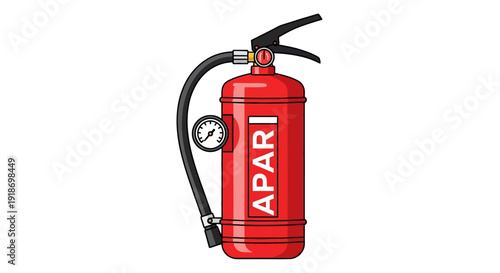 Red fire extinguisher illustration on a plain background viewed from the front with safety equipment visible