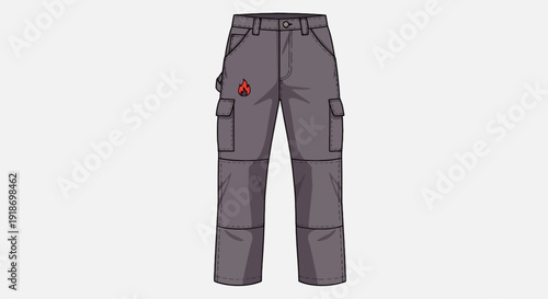 Illustration of gray cargo pants with multiple pockets and a red emblem on the thigh, viewed from the front