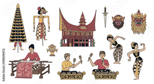 A vibrant collection of Indonesian cultural elements, including traditional dancers, musicians playing gamelan, wayang kulit puppets, batik art, and architectural styles.