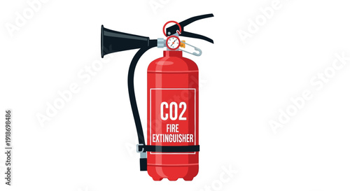 Red CO2 fire extinguisher with black hose on white background