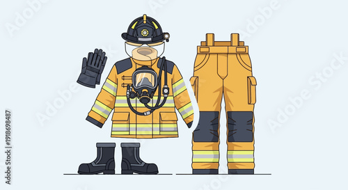 Illustration of firefighter uniform and equipment displayed beside its corresponding pants on a white background viewed from the front
