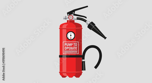 Red fire extinguisher with black hose and handle on white background illustration