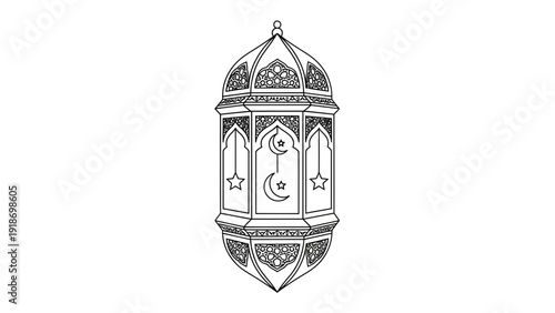 An intricate black and white illustration of a traditional Islamic lantern with crescent moon and star motifs.