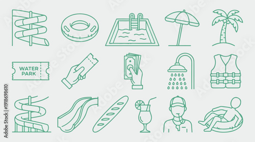 Water Park and Summer Vacation Outline Icons: Leisure Activities