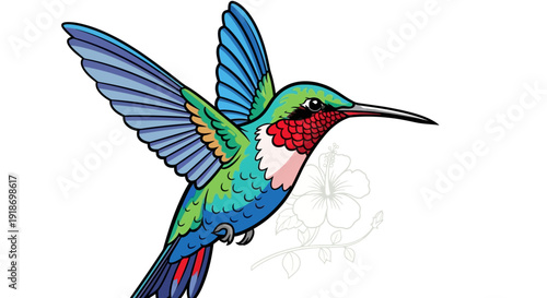 Cute cartoon illustration of an exotic bird of paradise and a tropical parrot with colorful feathers perched on a wild nature branch near a flower