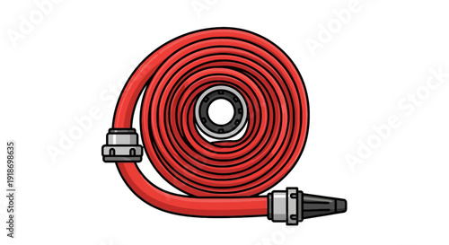 Illustration of a coiled red fire hose with fittings on a plain white background from a straightforward viewpoint