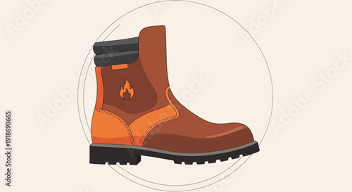Illustration of a rugged brown boot with orange accents and flame design on a neutral background