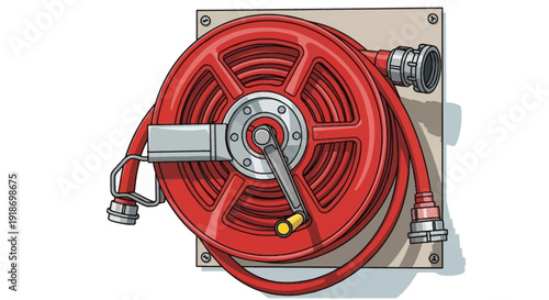 Red fire hose reel with nozzle and fittings mounted on a wall bracket