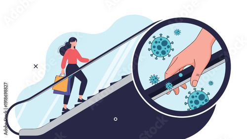 Woman using an escalator while a magnifying glass highlights the presence of virus particles on the handrail for hygiene.