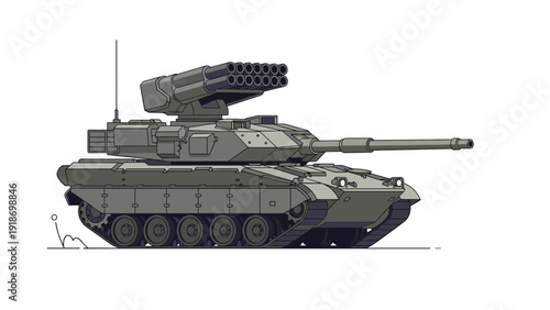Heavy military battle tank with a large main gun and missile launchers depicted in a side view on a white background.