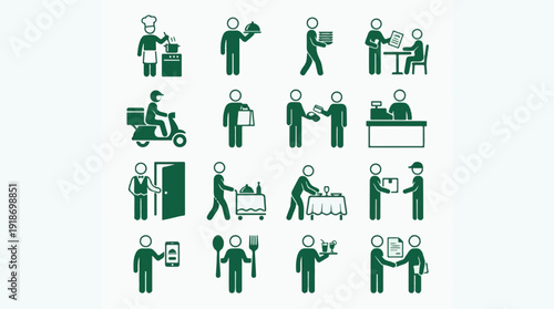 Food service, restaurant, and delivery business green stick figure icons