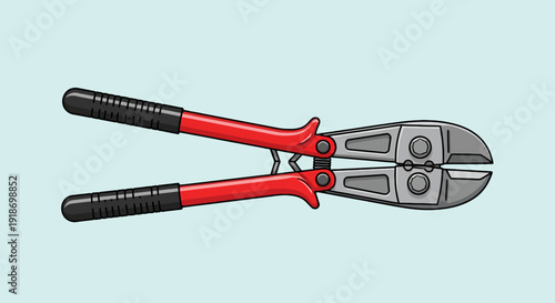 A pair of red and black bolt cutters displayed on a light blue background from a front viewpoint