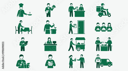 Food Service, Delivery, and Restaurant Staff Icon Set