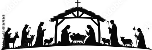 Black silhouette nativity scene with baby Jesus Mary Joseph shepherds and animals in stable for Christmas religious holiday celebration vector illustration