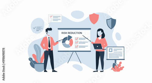Business professionals presenting risk reduction strategies and management solutions to an audience.