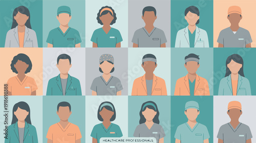 Diverse healthcare professionals, doctors and nurses, flat design avatars