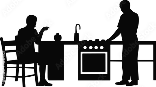 Silhouette of a person sitting at a kitchen counter while another person is cooking on a stove in a minimalist house