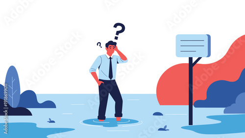 Confused businessman standing in flooded water with question marks above his head looking at a blank sign post.