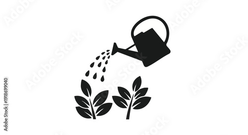 Black vector icon of watering can and plants