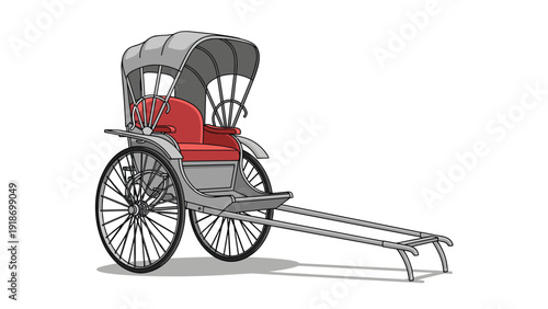 Side view of a traditional manual rickshaw with a grey cover and red seats used for passenger transport in many cities.