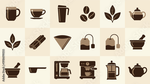 Coffee and Tea Icons Set: Beverage Preparation Tools in Flat Design