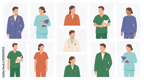Set of various healthcare professionals wearing medical uniforms.