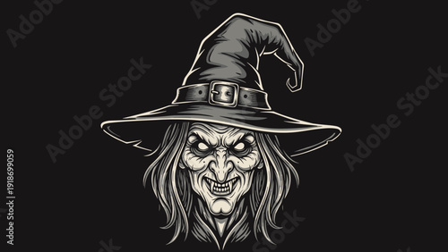 Close up portrait of a scary old witch with a pointed hat and glowing eyes in black and white against dark background.