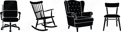 Set of black chair silhouettes featuring office chair rocking chair armchair and dining chair for interior furniture design and home decor