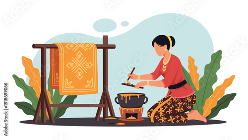 Indonesian woman in traditional dress kneeling and carefully applying wax to create beautiful batik patterns on fabric.