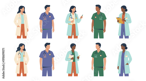 Set of diverse medical professionals and healthcare workers in various uniforms