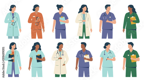 Diverse group of healthcare professionals: doctors, nurses, medical staff vector illustrations
