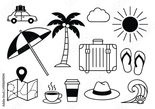 Hand drawn travel and vacation set featuring essential summer and journey elements for holiday adventures