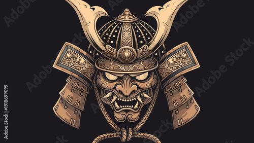 Detailed illustration of a traditional japanese samurai helmet and menacing face mask against a black background.
