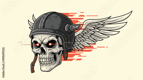 Grinning human skull wearing a vintage black motorcycle helmet with silver studs and large white wings on a cream background.