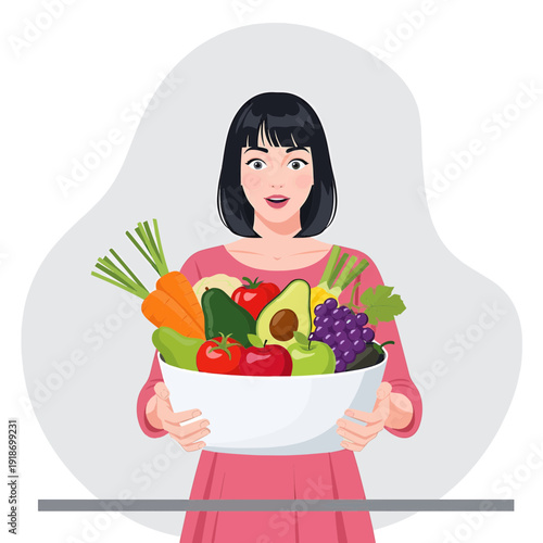 A happy woman holding a large bowl overflowing with fresh, colorful fruits and vegetables, promoting healthy eating.