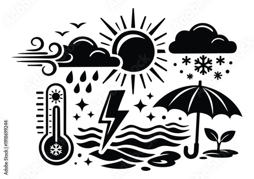 Graphic weather icon set featuring sun, rain, snow, wind, and temperature for climate and forecast applications