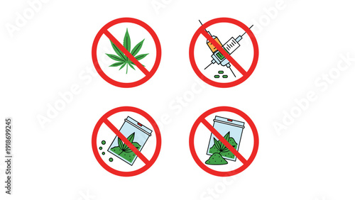 Four prohibition signs featuring crossed-out marijuana leaves, syringes with pills, and bags of herbal drugs for awareness.