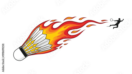 Shuttlecock on fire with a long orange flame trail moving fast towards a silhouette of a badminton player in action.