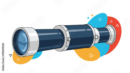 Modern blue and silver astronomical telescope designed for stargazing shown with colorful abstract shapes in the background.