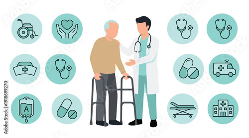 Doctor assisting senior patient with walker and a collection of medical icons