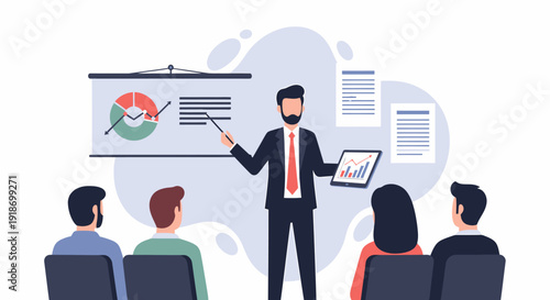 Businessman presenting financial data analysis on a projector screen to an audience.