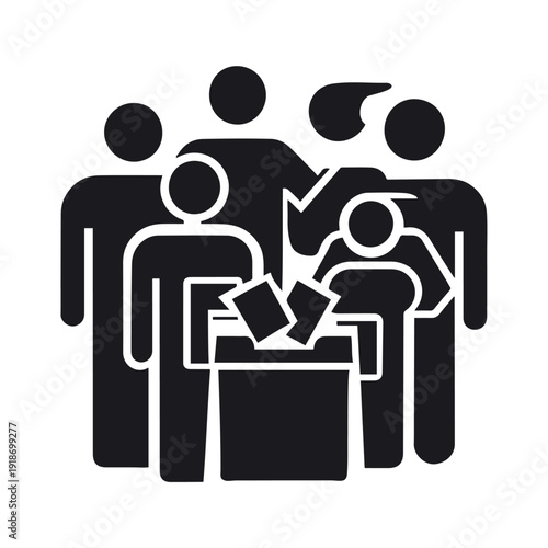 Minimal black vector illustration of a group of people participating in an election, featuring multiple human silhouettes gathered around a ballot box. One person is placing a ballot paper into the