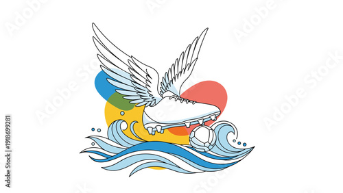 White soccer cleat with wings and a ball flying over blue ocean waves against colorful geometric background shapes.