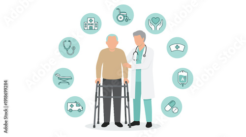 Doctor assisting senior man with walker, surrounded by medical icons