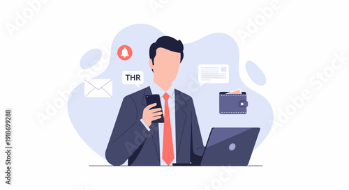 Businessman using smartphone and laptop for online communication and work.