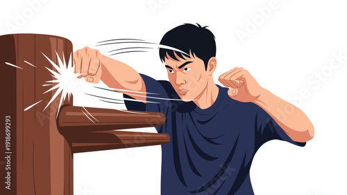 Young man in a dark blue t-shirt focused on training martial arts by punching a traditional wooden training dummy.