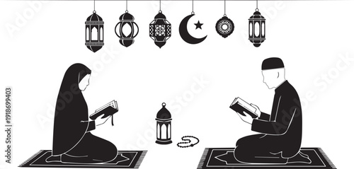 Muslim Couple Reading Quran on Prayer Mats with Ramadan Lanterns and Crescent Moon Silhouette Illustration