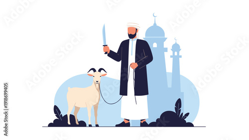 Muslim man in traditional clothing holding a large knife and leading a white goat near a mosque for religious sacrifice.