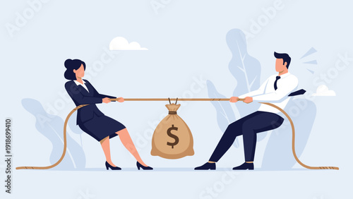 Man and woman in business suits engaging in a tug of war over a large bag of money with a dollar sign.
